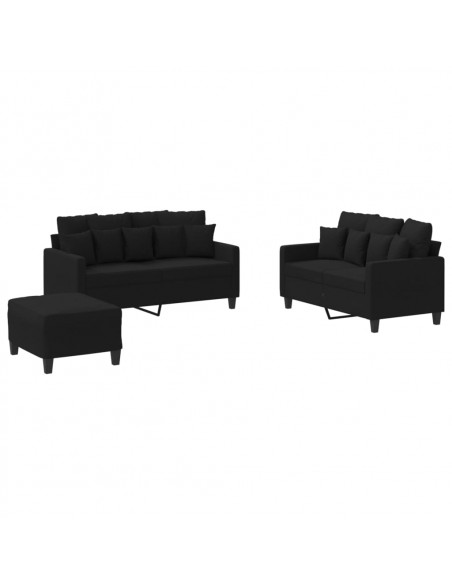 Set di Divani 3 pz con Cuscini Nero in Tessuto