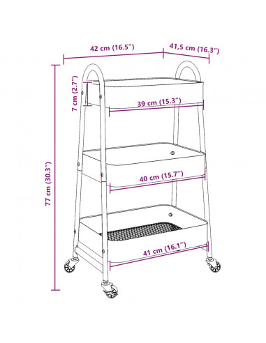 Carrello Portaoggetti a 3 Ripiani Nero 42x41,5x77 cm in Acciaio