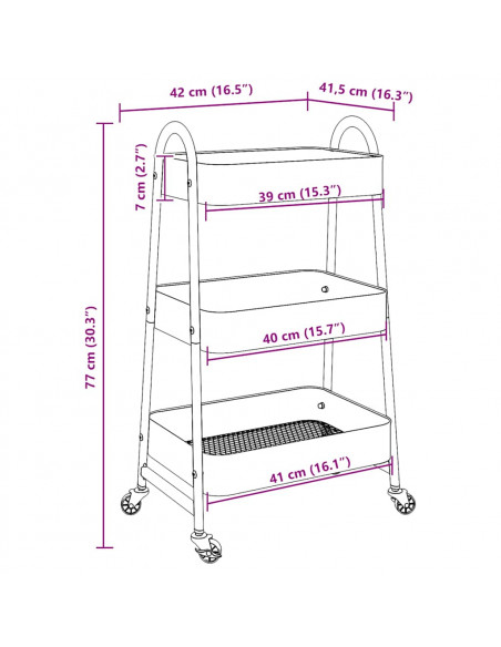 Carrello Portaoggetti a 3 Ripiani Nero 42x41,5x77 cm in Acciaio