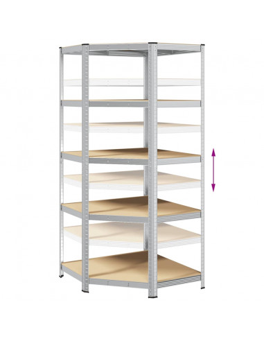 Scaffale Angolare 5 Ripiani Argento Acciaio e Legno Multistrato