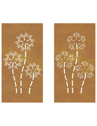 Decorazioni Muro da Giardino 2pz 105x55 cm Fiore Acciaio Corten