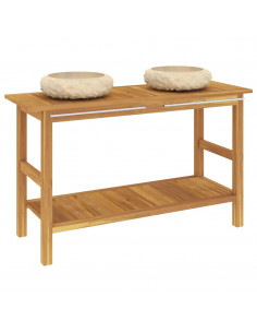 Mobile Vanità Bagno e Lavandini Marmo Crema Legno Massello Teak