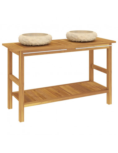 Mobile Vanità Bagno e Lavandini Marmo Crema Legno Massello Teak