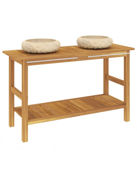 Mobile Vanità Bagno e Lavandini Marmo Crema Legno Massello Teak