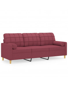 Divano a 3 Posti con Cuscini Rosso Vino 180 cm in Tessuto