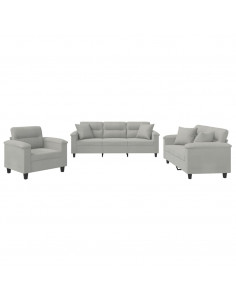 Set Divani 3 pz con Cuscini Grigio Chiaro in Tessuto Microfibra