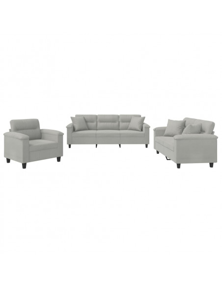 Set Divani 3 pz con Cuscini Grigio Chiaro in Tessuto Microfibra