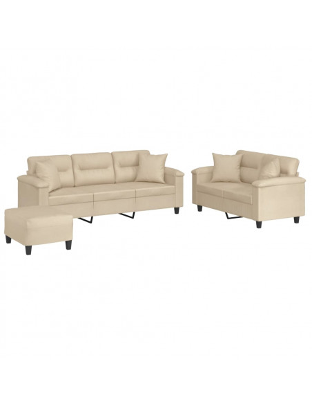 Set Divani 3 pz con Cuscini Crema in Tessuto Microfibra