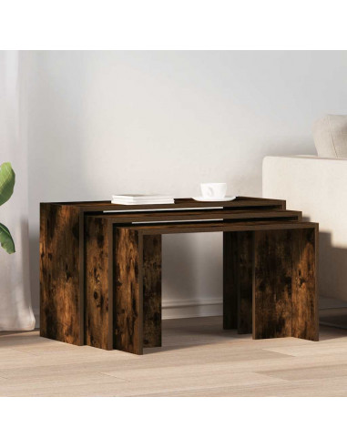 Tavolini Impilabili 3 pz Rovere Fumo in Legno Multistrato