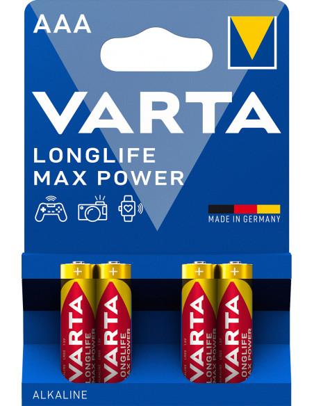 Varta Longlife Max Power, Batteria Alcalina, AAA, Micro, LR03, 1.5V, Blister da 4, Made in Germany