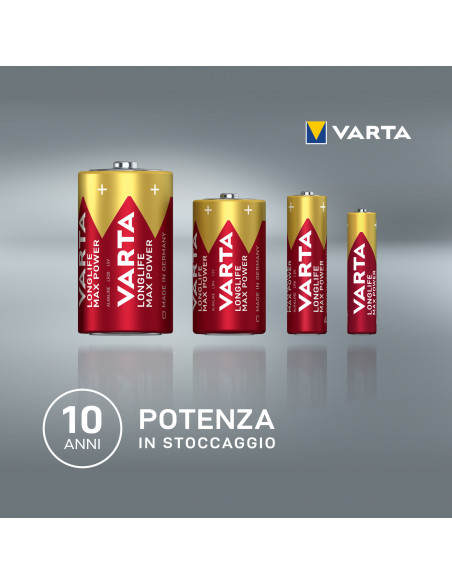 Varta Longlife Max Power, Batteria Alcalina, AAA, Micro, LR03, 1.5V, Blister da 4, Made in Germany