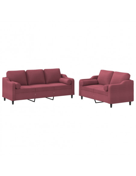 Set di Divani 2 pz con Cuscini Rosso Vino in Tessuto
