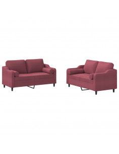 Set di Divani 2 pz con Cuscini Rosso Vino in Tessuto 2