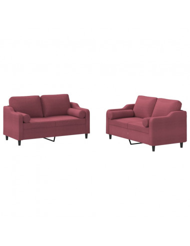 Set di Divani 2 pz con Cuscini Rosso Vino in Tessuto