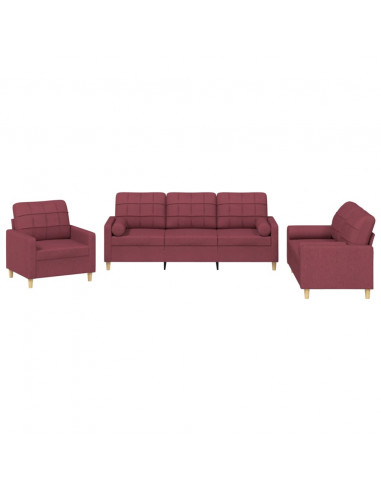 Set di Divani 3 pz con Cuscini Rosso Vino in Tessuto