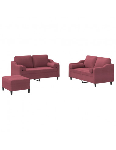 Set di Divani 3 pz con Cuscini Rosso Vino in Tessuto