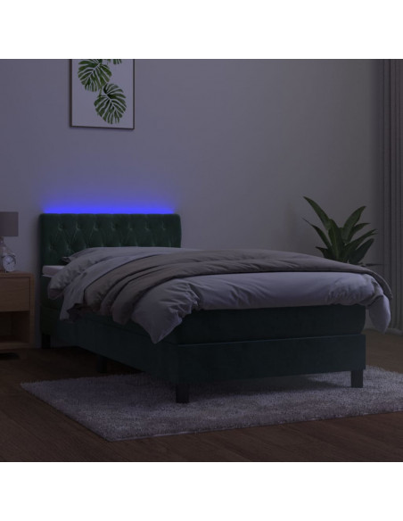 Letto a Molle con Materasso e LED Verde Scuro 90x200cm Velluto