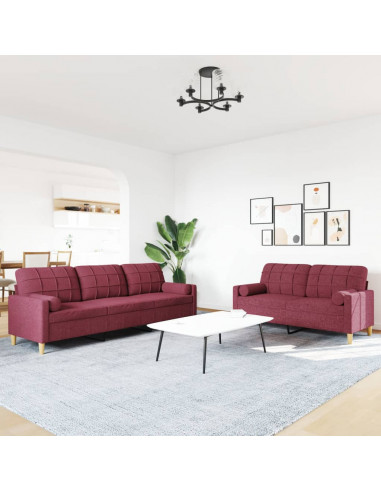Set di Divani 2 pz con Cuscini Decorativi Rosso Vino in Tessuto
