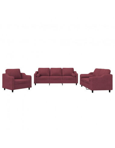 Set di Divani 3 pz con Cuscini Rosso Vino in Tessuto