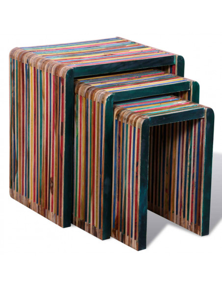 Tavoli Impilabili Set 3 pz in Teak di Recupero Colorato