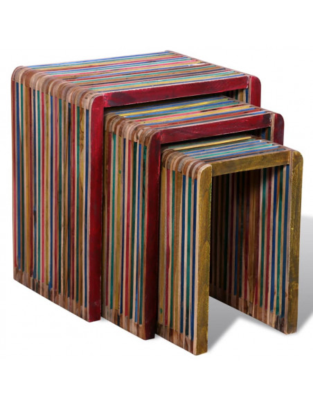Tavoli Impilabili Set 3 pz in Teak di Recupero Colorato