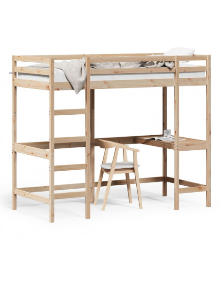 Letto Soppalco con Scrivania 90x200 cm Legno Massello Pino