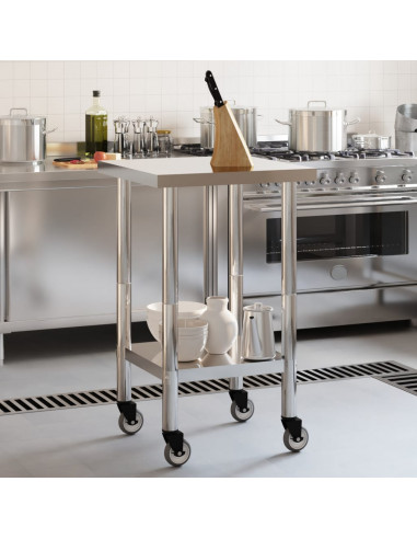 Tavolo da Lavoro Cucina con Ruote 55x55x85 cm in Acciaio Inox