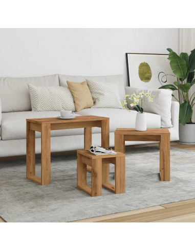 Nido di Tavoli 3 pz Rovere Artigianale in Legno Multistrato