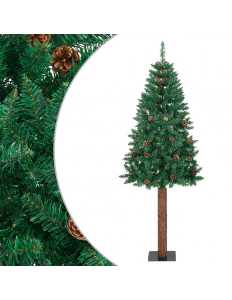 Albero di Natale Sottile con Legno Vero e Pigne Verde 210cm PVC
