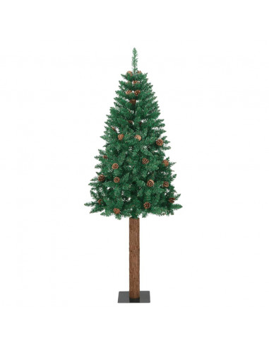 Albero di Natale Sottile con Legno Vero e Pigne Verde 210cm PVC