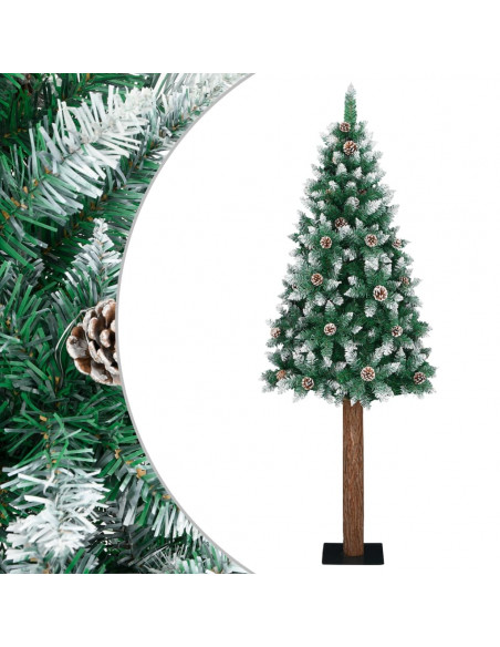 Albero di Natale Sottile con Legno Vero e Neve Verde 210 cm