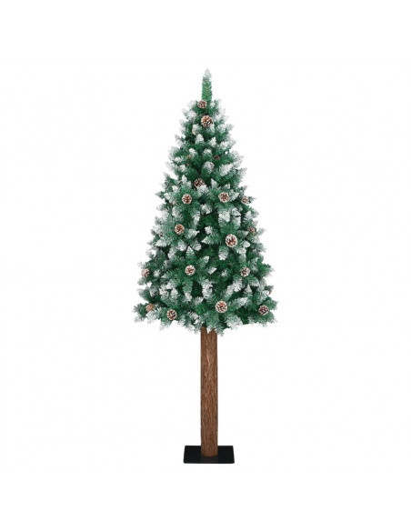 Albero di Natale Sottile con Legno Vero e Neve Verde 210 cm
