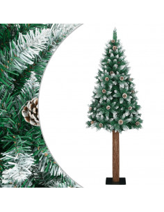 Albero di Natale Sottile con Legno Vero e Neve Verde 180 cm