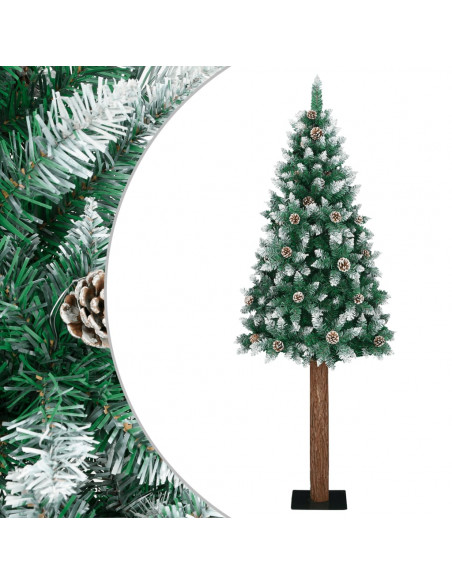 Albero di Natale Sottile con Legno Vero e Neve Verde 180 cm