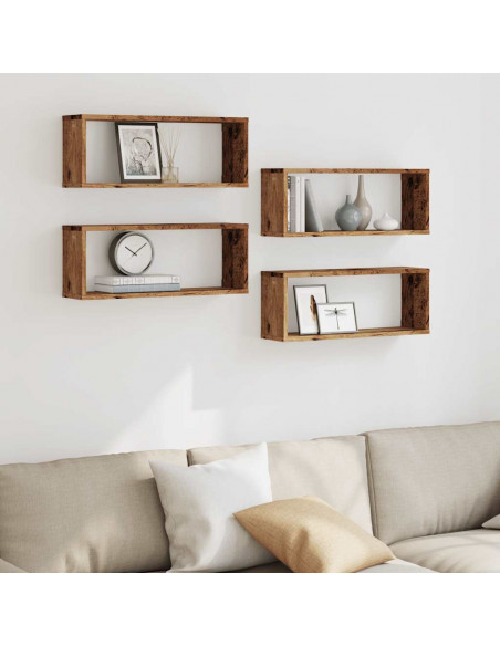 Mensole a Cubo Muro 4 pz Legno Antico 60x15x23 cm in Truciolato