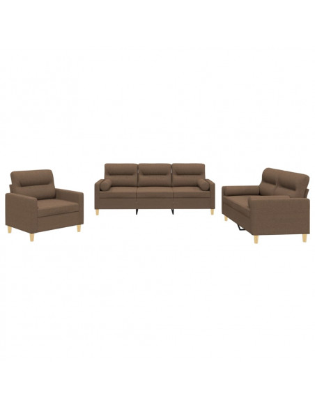 Set di Divani 3 pz con Cuscini Marrone in Tessuto