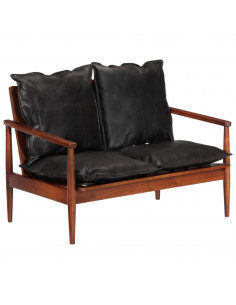 Divano 2 Posti Nero Vera Pelle e Legno Massello Acacia