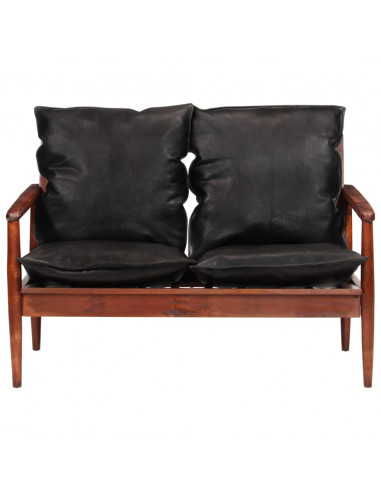Divano 2 Posti Nero Vera Pelle e Legno Massello Acacia