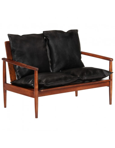 Divano 2 Posti Nero Vera Pelle e Legno Massello Acacia