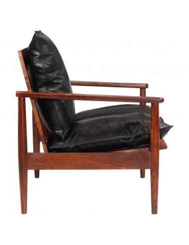 Divano 2 Posti Nero Vera Pelle e Legno Massello Acacia