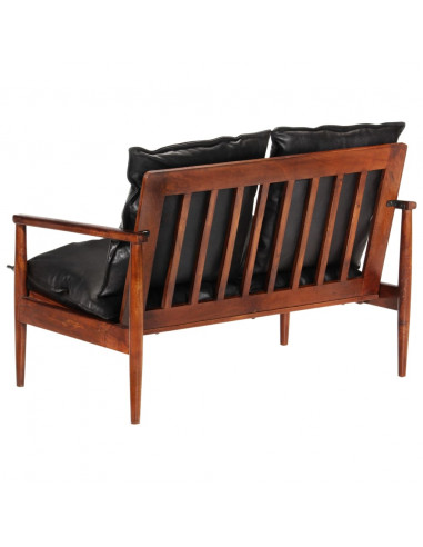 Divano 2 Posti Nero Vera Pelle e Legno Massello Acacia