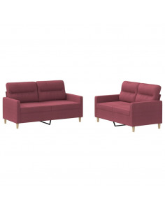 Set di Divani 2 pz con Cuscini Rosso Vino in Tessuto