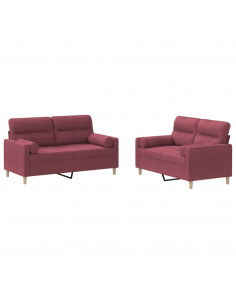 Set di Divani 2 pz con Cuscini Rosso Vino in Tessuto