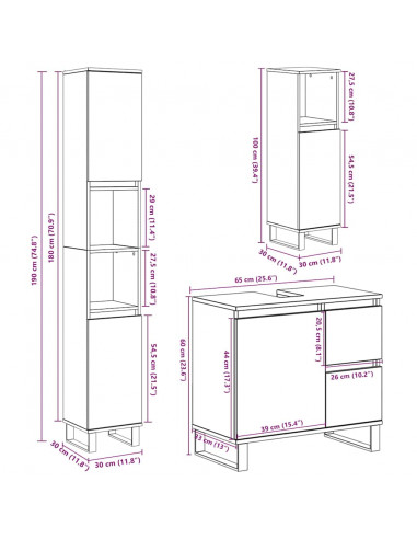 Set Mobili da Bagno 3 pz Grigio Cemento in Legno Multistrato