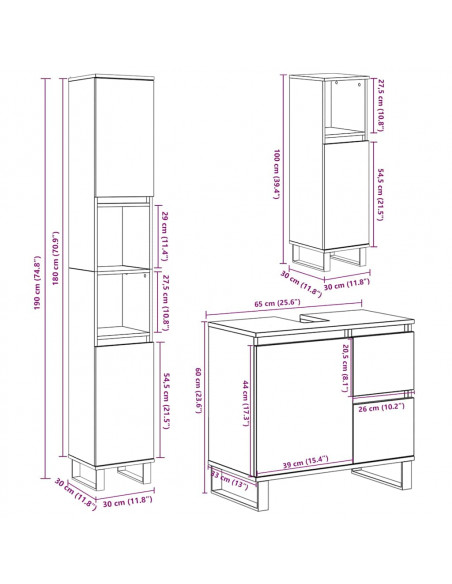 Set Mobili da Bagno 3 pz Grigio Cemento in Legno Multistrato