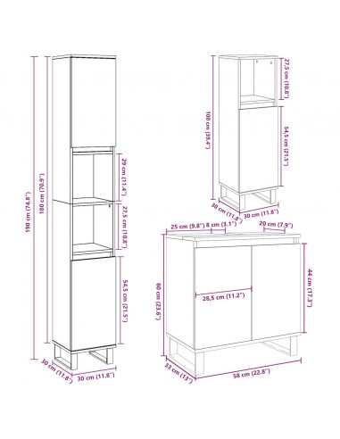 Set Mobili da Bagno 3 pz Grigio Cemento in Legno Multistrato