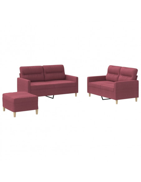 Set di Divani 3 pz con Cuscini Rosso Vino in Tessuto