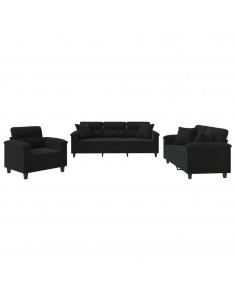 Set Divani 3 pz con Cuscini Nero in Tessuto Microfibra