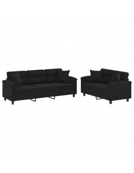 Set Divani 2 pz con Cuscini Nero in Tessuto Microfibra