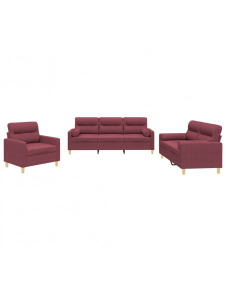 Set di Divani 3 pz con Cuscini Rosso Vino in Tessuto